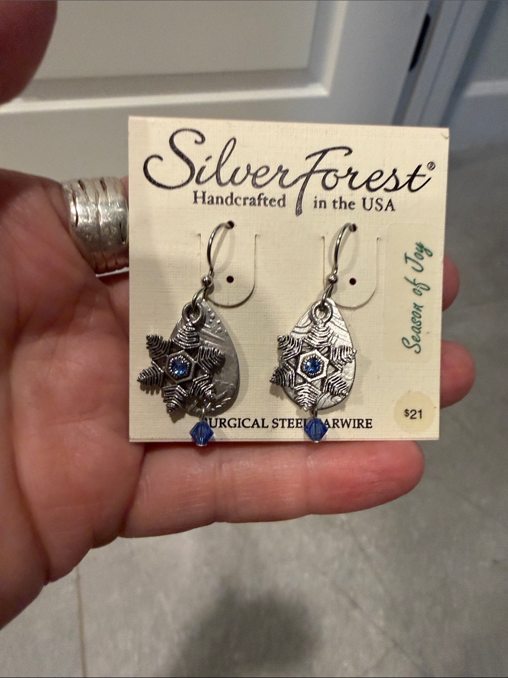Silver Forest Silver Snowflake Drop Earrings with Blue Accents